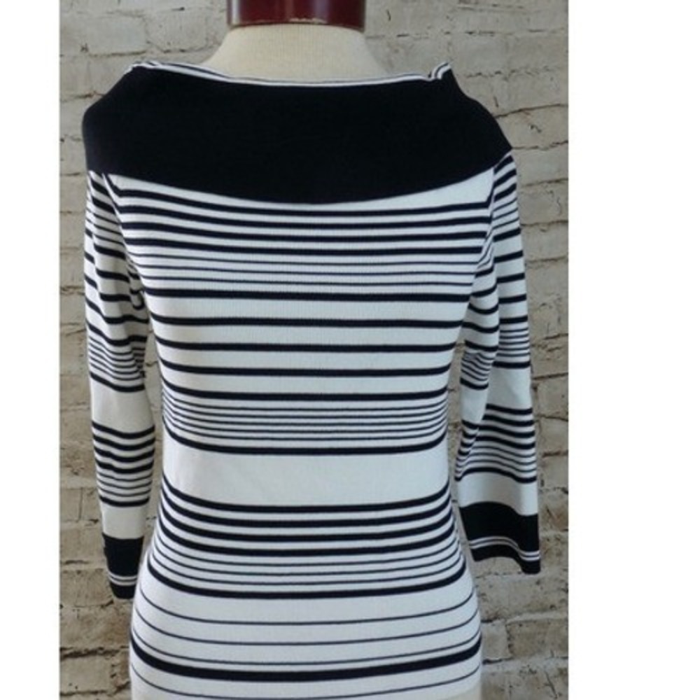 Venini Petite Small Striped Boat Neck Top 3/4 Sleeve Black White Ribbed Knit